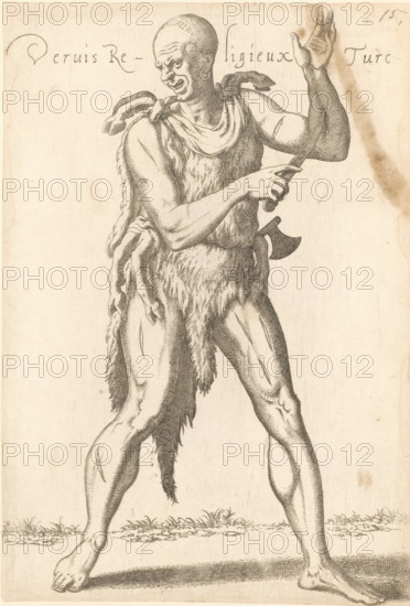 Turkish cleric of the Order of the Dervis, or Darvis, Dervis Religeiux Turc, print, album page, book illustration, A Turkish cleric of the Order of the Dervis or Darvis, dressed in a sheepskin or goatskin with an axe and knife, cuts himself in the arm. Print is part of an album., printmaker: Léon Davent, after drawing by Luca Penni (attributed to), after drawing by Nicolas de Nicolay (possibly), publisher: Guillaume Rouille (I), Lyon, 1555 - 1568, Attributed to, paper, etching, pasted on album page, height 254 mm x width 172 mm, A standing figure seen from head to feet wearing a fur garment draped over the shoulders and around the waist, with exposed muscular arms and legs and bare feet on a ground with small tufts of grass, holding a curved blade in one hand and an axe tucked at the waist, the face turned to the side with a partially open mouth and a close-cropped or shaved head, the image rendered in detailed line work on a light background.