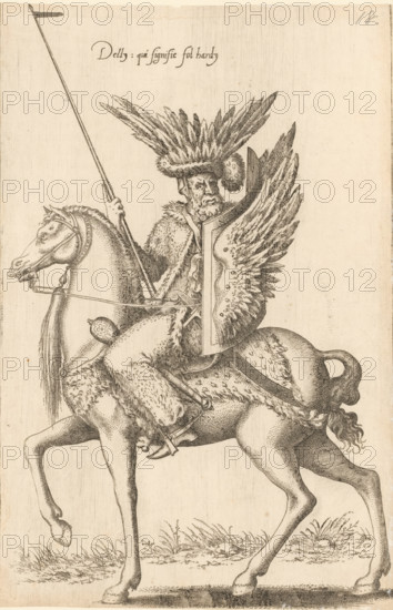 Rider on horseback, dressed in fur with shield and hat with feathers, Delly qui signifie fol hardy, print, album page, book illustration, Print is part of an album., printmaker: Léon Davet, after drawing by Luca Penni (attributed to), after drawing by Nicolas de Nicolay (possibly), publisher: Guillaume Rouille (I), Lyon, 1555 - 1568, Léon Davent, Attributed to, paper, etching, mounted on album page, height 261 mm x width 171 mm, An ink drawing shows a mounted figure wearing a large feathered headdress and a fur-covered garment, holding a long spear and a shield decorated with feather-like shapes; the rider sits on a horse outfitted with a bridle and a decorated bit, a saddle with fur trim, and straps, while the horse is depicted walking on a grassy ground with visible hooves and flowing tail, and the scene is rendered in fine linework on a plain background.