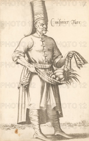 Cuisinier Turc, Turkish chef, print, album cover, book illustration, Print is part of an album., printmaker: Léon Davent, after drawing by Luca Penni (attributed to), after drawing by Nicolas de Nicolay (possibly), publisher: Guillaume Rouille (I), Lyon, 1555 - 1568, Léon Davet, Attributed to, paper, etching, pasted on album page, height 270 mm x width 172 mm, A standing man wearing a tall, cylindrical hat with a curved back and a long robe with rolled sleeves is shown in a detailed line drawing; he has a mustache and a short beard and a sash at his waist, and he holds a cloth or basket filled with various fruits and a striped fabric in one hand while the other hand supports the cloth, with his legs wrapped in layered garments and pointed shoes visible against a simple ground.