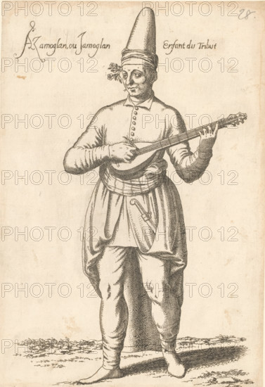 Guitar-playing 'Azamoglan' or 'Jamoglan', Azamoglan ou Jamoglan enfant du tribut, print, album page, book illustration, with a flower behind his ears. Print is part of an album., printmaker: Léon Davent, after drawing by Luca Penni (attributed to), after drawing by Nicolas de Nicolay (possibly), publisher: Guillaume Rouille (I), Lyon, 1555 - 1568, Attributed to, paper, etching, pasted on album page, height 254 mm x width 175 mm, A standing figure wearing a tall pointed hat and a buttoned tunic holds a stringed instrument across the body with one hand on the neck and the other plucking near the soundboard; a small branch with flowers is tucked behind one ear. The figure has a belt with draped cloth and a sheathed curved dagger at the waist, loose trousers tucked into fitted leg coverings, and simple shoes. The image is a monochrome line drawing on aged paper with visible shading lines and minimal background showing ground texture beneath the feet.