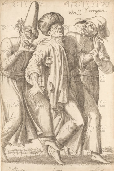 Les Yurongnes. Azamoglan Leventi Azappi, Three 'yurongnes' (Christians converted to Islam), print, album page, book illustration, Print is part of an album., printmaker: Léon Davent, after drawing by Luca Penni (attributed to), after drawing by Nicolas de Nicolay (possibly), publisher: Guillaume Rouille (I), Lyon, 1555 - 1568, Attributed to, paper, etching, mounted on album page, height 268 mm x width 177 mm, Three full-length figures stand closely together wearing flowing robes and head coverings, their garments shown with detailed folds and crosshatching. The central figure faces slightly upward with a turban-like headwrap decorated with a small floral motif, one arm across the body and a draped cloak falling over the shoulder and down the front. A figure on the left leans in, wearing a tall pointed hat with a sprig of small flowers tucked behind it and holding a hand to the chin while peering toward the center figure. The figure on the right wears a soft brimmed hat and has a hand r...