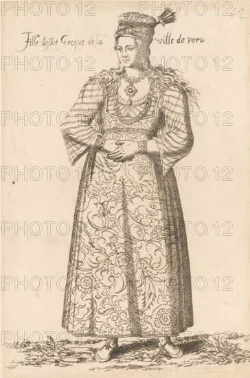 Greek girl, from Péra, Fille d'estat grecque de la ville de Péra, print, album page, book illustration, Print is part of an album., printmaker: Léon Davet, after drawing by Luca Penni (attributed to), after drawing by Nicolas de Nicolay (possibly), publisher: Guillaume Rouille (I), Lyon, 1555 - 1568, Léon Davent, Luca Penni, Nicolas de Nicolay, Guillaume Rouille (I), printmaker, publisher, Attributed to, paper, etching, mounted on album page, height 261 mm x width 174 mm, A standing woman is shown in a long patterned dress with swirling floral designs, wearing a long-sleeved outer garment with a checked pattern on the sleeves and a decorative bodice; she has long wavy hair falling over her shoulders, a tall ornate hat with a plume, layered necklaces and a pendant, bracelets at her wrists, hands clasped at her waist, simple pointed shoes, and she stands on a patch of ground with tufts of grass.