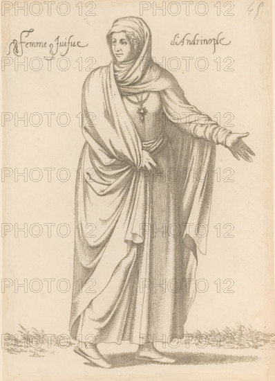 Jewish woman from Andrinople or Edirne in Thrace, Femme juifve d'Andrinople, print, album page, book illustration, Print is part of an album., printmaker: Léon Davet, after drawing by Luca Penni (attributed to), after drawing by Nicolas de Nicolay (possibly), publisher: Guillaume Rouille (I), Lyon, 1555 - 1568, Léon Davent, Luca Penni, Nicolas de Nicolay, Guillaume Rouille (I), printmaker, publisher, Attributed to, paper, etching, pasted on album page, height 245 mm x width 175 mm, A finely detailed line drawing of a standing woman wearing a headscarf and long layered draped garments that cover her body and arms, one hand extended outward with fingers spread and the other hand resting near her waist holding the drapery, a pendant hanging at her chest, visible folds and textures in the fabric, simple flat shoes on her feet, and a suggestion of ground and small plants at the bottom edge.