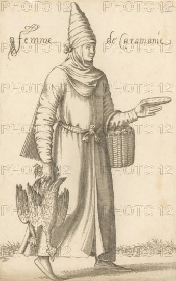 Femme de Caramanie, Woman with Poultry and a Basket of Eggs from Karaman, print, album cover, book illustration, Print is part of an album., printmaker: Léon Davent, after drawing by Luca Penni (attributed to), after drawing by Nicolas de Nicolay (possibly), publisher: Guillaume Rouille (I), Lyon, 1555 - 1568, Attributed to, paper, etching, pasted on album page, height 274 mm x width 172 mm, A standing figure in long layered garments and a tall wrapped headdress, facing right, with a draped hood around the neck and shoulders and a tied belt at the waist; one gloved hand extended holding a shallow round object and the other hand grasping the legs of a large bird carried upside down, a woven basket hanging at the figure’s side; detailed linework shows folds and texture of the clothing, patterned sleeves, footwear, and grassy ground beneath the figure.