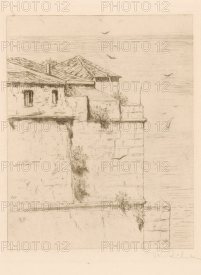 Le vieux fort Turc (Alger) (original title), Old Turkish fort in Algiers, print, printmaker: Philip Zilcken (signed by artist), 1890 - 1930, paper, drypoint, intaglio printmaking technique, height 163 mm x width 129 mm, fortress, North Africa, Algiers, A sepia-toned sketch shows a stone building facade with weathered walls, small rectangular windows, and tiled rooflines. Vegetation grows from cracks and ledges along the structure, with tufts of plants visible at different heights. Horizontal lines across the upper part of the image suggest a calm water surface or distant horizon. Several small birds are sketched in the sky and over the water, and a small sail is visible on the water near the right edge. The drawing is bordered by a light frame and has faint signs of aging and pencil shading.