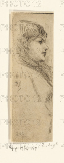 Portrait of a woman, Croquis de mendiante (original title), print, printmaker: Philip Zilcken, 1890 - 1930, paper, etching, intaglio printmaking technique, zinc etching with plate tone, height 108 mm x width 36 mm, historical persons, adult woman, beggar, A narrow vertical sketch on a light rectangular sheet shows a side profile of a person facing right, rendered in fine, delicate pencil or ink lines; the head features short hair with visible strokes indicating texture, a defined ear, closed eye with lashes, a straight nose, and slightly parted lips. The figure wears a high, textured collar or scarf drawn with overlapping, wispy lines that extend downward, and faint sketch marks and stray lines appear around the head and shoulder area. The paper has a slightly aged, beige tone with subtle smudging and uneven shading, and a thin border separates the central sketch area from a lighter surrounding margin.