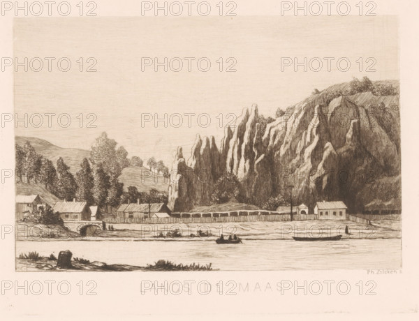 Langs de Maas (original title on object), Environs de Namur (original title), print, printmaker: Philip Zilcken, after design by Benoit Taurel, 1867 - 1890, paper, etching, drypoint, intaglio printmaking technique, height 147 mm x width 197 mm, river, rocks, Namur (city), Maas, A wide horizontal etching shows a riverside scene with a body of water in the foreground and a long strip of land behind it where small buildings and a fence line run along the shore, a bridge arching over a water channel near the left side, boats with figures floating on the river, a low grassy bank with scattered vegetation at the near edge, a cluster of trees rising behind the buildings, and tall jagged rock formations and a tree-covered hill dominating the right side under a broad, lightly textured sky.