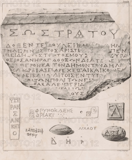 Greek inscriptions on stones, print, Series number, 3, One large and three smaller stones with inscriptions. Also transcriptions of text. Numbered top right Tab. III, printmaker: Tiemen Hooiberg, Leiden, after design by LIFI, 1819 - 1897, printer (person), paper, lithography, lithografie, height 300 mm x width 235 mm, Greek script, excavation, archaeology (collection, exhibition, results of research), A large irregular stone fragment with chiseled letters across its surface dominates the upper portion, showing weathered edges and shading that suggests surface texture and depth, with smaller drawn artifacts arranged below including a vertical rectangular tablet with inset markings, a long narrow strip with carved symbols and small decorative motifs, a triangular framed relief, an oval bead or amulet rendered with shading, a worn rounded token with incised characters, and several isolated geometric letterlike shapes, all depicted on a pale background with faint border lines and subtle pe...