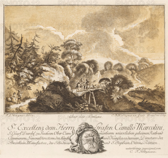 over the Bridge, Hilly landscape with shepherds over a bridge, print, album page, Text in German in the lower margin. Print is part of an album., printmaker: Carl Friedrich Holtzmann, Dresden, after design by Johann Georg Wagner, dedicated to: Camillo Count Marcolini, 1789, Saxony, paper, etching, intaglio printmaking technique, etching with plate tone, printed in brown and black, printed from two plates, height 144 mm x width 199 mm x height 40 mm x width 198 mm, landscape with bridge, viaduct or aqueduct, low hill country (landscape with figures, staffage), A sepia-toned engraved landscape framed by a narrow border shows a rugged scene with rolling hills, clusters of trees with dense foliage, and tall slender coniferous trees along a steep slope; a winding dirt path crosses a small arched stone bridge over a rocky stream, where several tiny human figures and pack animals are positioned on and near the bridge; on a lower path a seated figure and a standing figure with an upraised arm ...