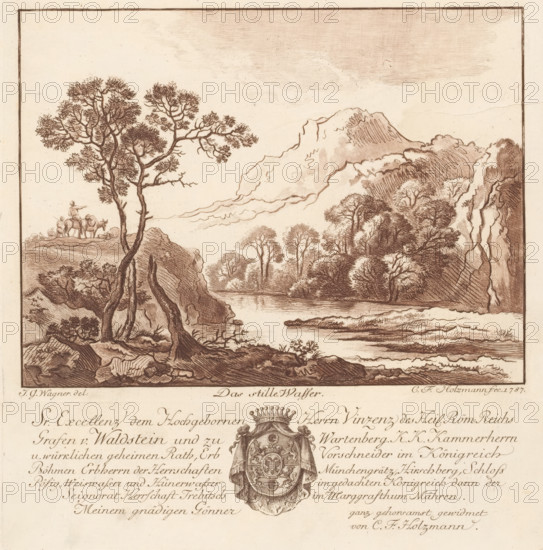 Mountain landscape with a river, Das stille Wasser, print, album page, Text in German in the lower margin. Print is part of an album., printmaker: Carl Friedrich Holtzmann, Dresden, after design by Johann Georg Wagner, dedicated to: Johan Vincent Ferrer Waldstein-Wartenberg, 1787, Saxony, paper, etching, intaglio printmaking technique, etching with plate tone, printed in brown and black, printed from two plates, height 145 mm x width 195 mm x height 55 mm x width 196 mm, 'en route', traveller under way, river bank, (high) hill (landscape with figures, staffage), A sepia-toned landscape engraving showing a river or still water stretching across the middle ground with reflections, flanked by rocky banks and clusters of trees of varying sizes and densities; in the foreground on the left a pair of tall, gnarled trees with exposed roots stand on a rocky promontory, while a small group of figures with pack animals is visible near the edge of the promontory; distant hills and a larger mountai...