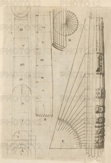 Proportional ratios of the shaft of a column of the Tuscan order, Architectura, ornamental print, book illustration, page, Arabic and Roman numerals and letters refer to the text. Print is part of a book., printmaker: Wendel Dietterlin (I), Strasbourg (France), publisher: Bernhard Jobin, 1593 - 1595, paper, etching, color on edge, etching with purple on edge, height 256 mm x width 170 mm, Print used in: Dietterlin, Wendel (I). Architectura de quinque columnarum simmetrica distributione et variis eorundem or namis: Liber I. Strasbourg: Bernhard Jobin, 1593., column, pillar, architecture, Tuscan order, A faded sepia architectural drawing fills the image with faint dotted and solid ink lines showing geometric layouts and measured divisions, including a vertical column segment topped by a circular, radiating pattern, a large triangular section marked with many radial lines converging toward a curved base, and a narrow vertical strip along the right edge featuring detailed linear elevations...