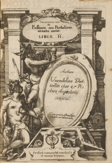 Personification of Painting and Mercury as personification of Sculpture in architectural ornaments and cartouches, Title page for: Wendel Dietterlin, Architectura de Polstium seu Portalium ornatu uario Liber II, 1594, Architectura, ornamental print, page, title page, Text in Latin in the cartouches, the tablet and the objects in the print. This is the second part (liber II) of two. Print is part of a book., Strasbourg (France), publisher: Bernhard Jobin, grantor of privilege: Maximilian II (Emperor of the Holy Roman Empire), writer (clerical worker), paper, etching, color on edge, etching with purple on edge, height 280 mm x width 196 mm, Print used in: Dietterlin, Wendel (I). Wendel Dietterlin, 1594., other architectural details, personification of (art) academy, 'Academia' (Ripa) (sculpture), A detailed engraved scene showing ornate architectural framing with pilasters and decorative scrollwork surrounding a central oval cartouche held by a muscular male figure wearing a horned helme...
