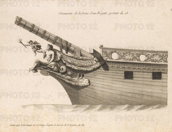 Prow and figurehead of a frigate, Ornements de la proue d'une frégate, portant du 18, Ornements de la proue de différents vaisseaux, Bow ornaments of various vessels, print, album page, ornament print, Series number, 8, 24, This print is part of a album., printmaker: Joseph Coiny, printmaker: Yves Marie Le Gouaz, after drawing by Pierre Ozanne, 1798 - 1799, Joseph Coiny, Yves Marie Le Gouaz, Pierre Ozanne, printmaker, after drawing by, paper, etching, engraving, etching and engraving, cut off within the plate edge, mounted in an album, height 200 mm x width 280 mm, sailing-ship, sailing boat, parts of ship's exterior: bow, A detailed engraved depiction of a ship's bow with ornate carvings, showing a reclining female figure draped with a flowing cloak seated above a stylized sea creature with a curled tail, a small winged cherub holding a flaming torch reaching toward the woman, a long decorated bowsprit extending forward, carved leafy garlands and acanthus motifs along the hull, a carv...