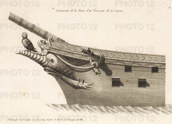 Prow and figurehead of a sailing ship with 50 guns, Ornements de la proue d'un vaisseau de 50 canons, Ornements de la proue de différents vaisseaux, Bow ornaments of various vessels, print, album page, ornament print, Series number, 11, 24, This print is part of an album., printmaker: Joseph Coiny, printmaker: Yves Marie Le Gouaz, after drawing by Pierre Ozanne, 1799 - 1800, Joseph Coiny, Yves Marie Le Gouaz, Pierre Ozanne, printmaker, after drawing by, paper, etching, engraving, etching and engraving, cut off within the plate edge, pasted in an album, height 226 mm x width 320 mm, sailing-ship, sailing-boat, parts of ship's exterior: bow, A detailed engraved ship prow emerges from the right edge with decorative moldings along its upper rail and a carved figurehead resembling a long-snouted sea creature with textured scales and a spiral horn; a small bird with a rounded head and patterned feathers is perched near the tip, and a coiled rope and a carved human arm grip a ring above the c...