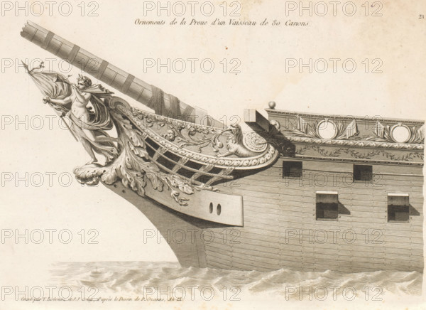 Prow and figurehead of a sailing ship, Ornements de la proue d'un vaisseau de 80 canons, Bow ornaments of various vessels, Ornements de la proue de différents vaisseaux, print, album page, ornament print, Series number, 21, 24, This print is part of a album., printmaker: Joseph Coiny, printmaker: Yves Marie Le Gouaz, after drawing by Pierre Ozanne, 1800 - 1801, Joseph Coiny, Yves Marie Le Gouaz, Pierre Ozanne, printmaker, after drawing by, paper, etching, engraving, etching and engraving, cut off within the plate edge, mounted in an album, height 232 mm x width 325 mm, sailing-ship, sailing boat, parts of ship's exterior: bow, A detailed black and white engraving of a ship's bow with ornate carved figurehead and decorative prow elements, showing a draped female figure holding a pole and flowing fabric, a carved lion motif integrated into scrolling acanthus leaves and shell-like forms, a horizontal beamed bowsprit extending diagonally, sculpted rail and trim with circular medallion fram...