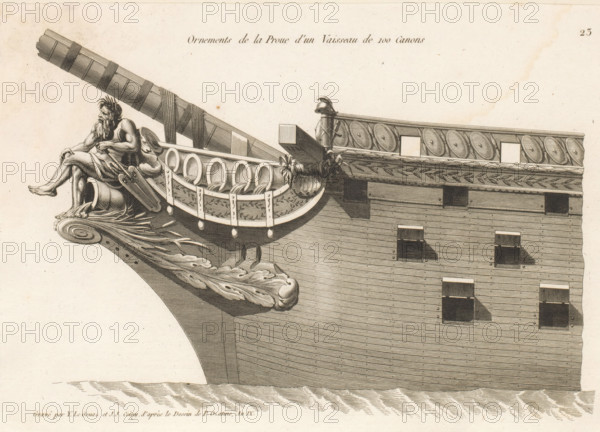 Ornements de la proue d'un vaisseau de 100 canons, Prow of a sailing ship with a seated river god as figurehead, Ornements de la proue de différents vaisseaux, Bow ornaments of various vessels, print, album page, ornament print, Series number, 22, 24, This print is part of an album., printmaker: Joseph Coiny, printmaker: Yves Marie Le Gouaz, after drawing by Pierre Ozanne, 1800 - 1801, Joseph Coiny, Yves Marie Le Gouaz, Pierre Ozanne, printmaker, after drawing by, paper, etching, engraving, etching and engraving, cut off within the plate edge, pasted in an album, height 227 mm x width 318 mm, sailing-ship, sailing-boat, river personified, 'Fiumi' (Ripa), parts of ship's exterior: bow, A detailed engraving shows the prow of a large wooden ship with ornate carved decorations; a bearded male figure reclines on the forward projecting element, draped in cloth and resting one arm on a bundle of wrapped timbers while his legs extend outward, and a coiled scroll and flowing acanthus-like folia...
