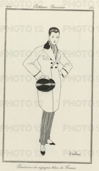 Journal des Dames et des Modes, Costumes Parisiens, 1914, No. 136 : Pardessus de vigogna, fashion print, Man dressed in a pardessus of blue vigogna wool over striped trousers. Top hat in hand. Proof print of a print from the fashion magazine Journal des Dames et des Modes (1912-1914)., caption: 'Pardessus de vigogne bleu de France', title: 'Costumes Parisiens', after drawing by Jan van Brock, printmaker, paper, engraving, proof, height 180 mm x width 110 mm, fashion plates, coat: overcoat (men's clothes), head-gear: top hat (men's clothes), trousers, breeches, etc. (PANTALON) (men's clothes), costume, Period, A tall, slender figure stands facing forward wearing a long double-breasted coat with a dark collar and dark buttons, one hand on the hip and the other holding a round, dark hat at hip level; a vertically striped scarf is wrapped around the neck and vertically striped trousers extend below the coat, ending above pointed shoes with contrasting dark toes, all rendered in fine, delic...