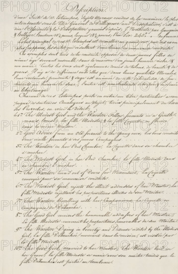 Table of contents for the series: Diligence and Dissipation, Virtue and debauchery, text sheet, Table of contents in French. This magazine is part of an album., writer (clerical worker): anonymous, publisher: Thomas Gaugain, 1796-05-01, writer (clerical worker), materials by function, paper, ink, writing (processes), height 326 mm x width 435 mm, proverbs, sayings, Good and Bad Behavior, Moral Qualities (opposing concepts), A sheet of aged paper filled with neat, flowing cursive handwriting arranged in horizontal lines from top to bottom, with a decorative heading centered near the top and evenly spaced paragraphs and short lines below; the ink is dark brown, the paper has a pale cream tone with slight wear at the edges, and the script shows elegant loops and slanted strokes throughout the page.