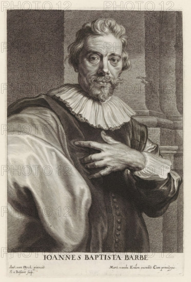 Portrait of engraver Jean Baptiste Barbé, Iconographie, Icones Principum Vivorum Doctorum Pictorum Chalcographorum Statuariorum nec non Amatorum Pictoriae Artis Numero Centum ab Antonio van Dyck Pictore ad Vivum Expressae Eiusq: Sumptibus aeri incisae, print, album page, This print is part of an album., print maker: Schelte Adamsz. Bolswert, after painting by Anthony van Dyck, publisher: Gilles Hendricx, Antwerp, publisher: Martinus van den Enden (I), 1630 - 1641, 1645 - 1646, unknown, printmaker, provider of privilege, paper, engraving, gravure, height 244 mm x width 160 mm, Person, Jan-Baptist Barbé, portrait, self-portrait of graphic artist, A seated man shown from the waist up wearing a dark coat with decorative buttons and a light voluminous sleeve, a pleated ruff collar, and a draped cloak over one shoulder; he has wavy hair, a mustache and goatee, and a lined face with a solemn expression while one hand rests on his chest and the other arm is bent across his body; the background...