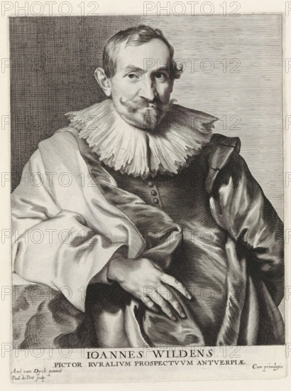 Portrait of the painter Jan Wildens, Icones Principum Vivorum Doctorum Pictorum Chalcographorum Statuariorum nec non Amatorum Pictoriae Artis Numero Centum ab Antonio van Dyck Pictore ad Vivum Expressae Eiusq: Sumptibus aeri incisae, Iconography, print, album page, This print is part of an album., printmaker: Paulus Pontius, after painting by Anthony van Dyck, publisher: Gilles Hendricx, Antwerp, 1630 - 1641, 1645 - 1646, unknown, provider of privilege, paper, engraving, height 236 mm x width 178 mm, Person, Jan Wildens, portrait, Self-portrait of a painter, A seated man in a detailed black and white engraving wears a large pleated ruff collar and a buttoned doublet beneath draped robes with visible folds and sheen; his face shows a neatly groomed mustache and pointed beard, with short hair and a slight curl by one ear, and he gazes forward with a calm expression; one hand rests on his lap with long fingers visible while the other is tucked under the drapery, and the background feature...