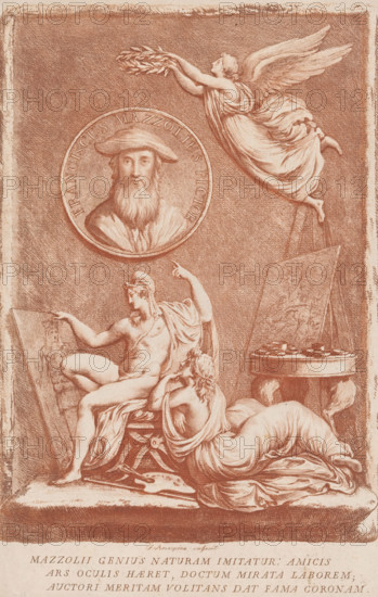 Allegory of the artist Francesco Mazzoli, known as Parmigianino, print, Trompe-l'oeil of a sculpted relief with an allegory of the artist Francesco Mazzoli, known as Parmigianino. Portrait of the artist crowned by Flying Fame. Below, the genius of painting in front of a painting with Nature as a multi-breasted goddess and a female admirer. Verse in Latin in the lower margin., printmaker: Francesco Rosaspina, Italy, after design by Francesco Rosaspina (attributed to), c. 1780 - c. 1841, Francesco Rosaspina, printmaker, after design by, Attributed to, paper, etching, aquatint, etching and aquatint in red-brown, height 327 mm x width 222 mm, Person, Parmigianino, 'Pictura', symbolic representations, allegories and emblems, painting, 'Pittura' (Ripa), tools, implements of painter, 'Natura' (allegorical figure or scene, or as Diana of Ephesus, with many breasts), 'Natura' (Ripa), A sepia-toned engraving showing a winged female figure suspended in the upper right, reaching outward with both ...