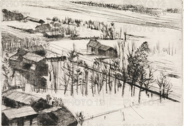 Village in bird's-eye view, print, Village in bird's-eye view., signature: 'KEES STOOP', printmaker: Kees Stoop (signed by artist), 1944 - c. 1990, paper, drypoint, height 140 mm x width 224 mm, height 120 mm x width 173 mm, prospect of village, silhouette of village, A monochrome sketch of a landscape seen from above, showing clusters of simple buildings with pitched roofs, linear fences and paths, and groups of slender, bare trees with visible trunks and branches; a road or rail line crosses diagonally, intersecting fields and open areas, while some darker, textured shading suggests denser vegetation or shadowed structures and lighter, fine lines indicate distant fields and horizon.