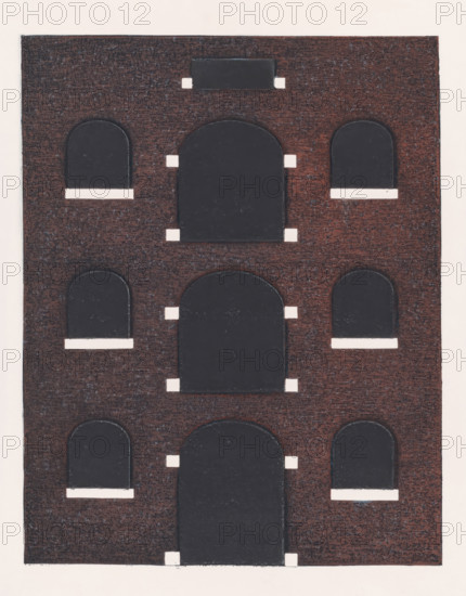 La façade, print, Facade of a house with black windows with a round top and some white frames., signature: 'Nono Reinhold', inscription: 'epr. d'essai', printmaker: Nono Reinhold (signed by artist), c. 1973 - in or before 1974-05, Nono Reinhold, printmaker, materials by function, paper, ink, color lithography, intaglio printing, lithography and intaglio printing in color, height 316 mm x width 251 mm, height 642 mm x width 494 mm, A rectangular brown surface with a textured appearance fills the frame, featuring a vertical arrangement of dark arched shapes set into the brown background; each dark arch has a lighter horizontal ledge beneath it and small light rectangular tabs at its sides, and a narrow dark rectangle appears near the top edge of the brown area.