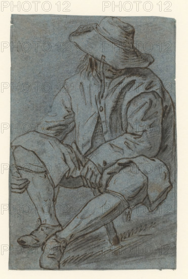 Sitting man, drawing, draftsman (artist): Pieter Bodding van Laer (possibly), c. 1600 - c. 1642, draftsman (artist), inorganic material, materials by function, paper, ink, chalk, pen, brush, pen in brown and possibly brush in grey, black chalk, on blue paper, height 151 mm x width 100 mm, sitting figure, A monochrome drawing on bluish paper shows a seated person wearing a wide-brimmed hat that obscures the face, a loose jacket with visible seams and folds, and knee-length breeches. The figure's head is tilted down and to the side beneath the hat, and long hair or stray strands are visible at the neck. The person's hands rest near the lap, one hand partially closed and the other holding fabric, with detailed lines indicating knuckles and veins. The legs are bent at the knees, one foot extending forward and the other tucked back, both feet wearing simple shoes with straps. Shading and contour lines emphasize the creases of the clothing, the rounded forms of the limbs, and the texture of ...
