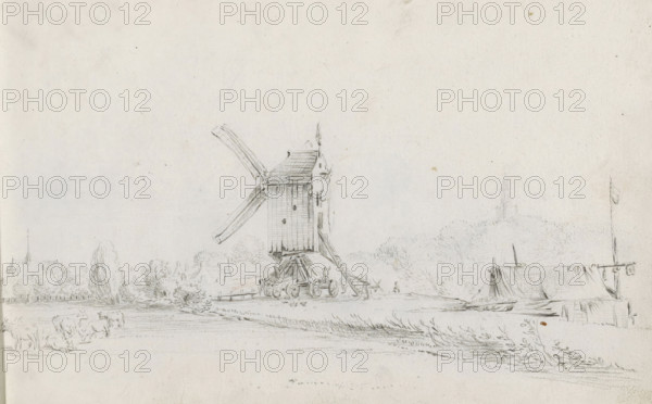 Landscape with windmill, sketchbook page, In the foreground a meadow with grazing cattle and in the background a church tower. Page 12 recto from a sketchbook with 39 pages., draftsman (artist): Pieter Moninckx, 1645 - 1646, draftsman (artist), inorganic material, paper, chalk, black chalk, height 201 mm x width 315 mm, windmill in landscape, cattle, A delicate pencil drawing shows a landscape dominated by a traditional post mill with visible sails and a raised wooden body set on a trestle with wheels, nearby a small figure stands and a ramp leads up to the mill. To the left of the mill there are trees and distant buildings with a steeple peeking above the foliage, and cattle graze in a field in the foreground. To the right a simple riverside structure with a pitched roof and a tall flagpole appears beside calm water with a small boat moored at the bank, and low reeds line the shoreline. The overall scene is rendered with fine, light lines and subtle shading on pale paper.