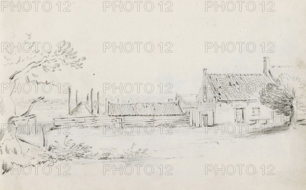 Farm with barns and a haystack, sketchbook page, Page 17 recto from a sketchbook with 39 pages., draftsman (artist): Pieter Moninckx, 1645 - 1646, draftsman (artist), inorganic material, paper, chalk, black chalk, height 201 mm x width 315 mm, farm or solitary house in landscape, barn, hay-stack, A pencil sketch showing a rural scene with a row of simple buildings with tiled roofs and chimneys, a fence running along the front, and a gate in the fence; to the left a leaning tree with sparse leaves and branches extends inward, and to the right a fuller tree stands beside the nearest house; foreground details include low grasses and scattered vegetation, while the background is largely open sky and faint distant outlines.