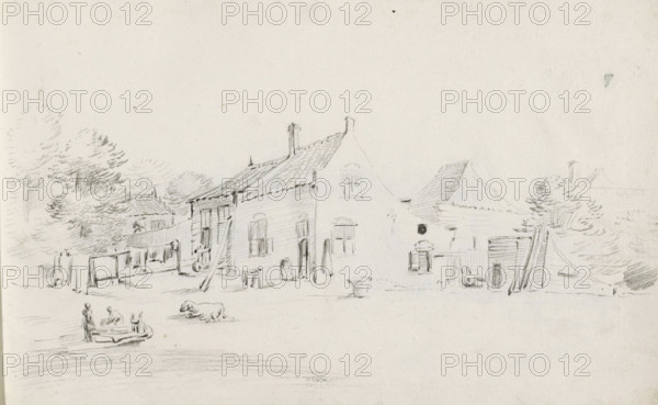 Farmyard with laundry, an animal and figures, sketchbook page, Page 21 recto from a sketchbook with 39 pages., draftsman (artist): Pieter Moninckx, 1645 - 1646, draftsman (artist), inorganic material, paper, chalk, black chalk, height 201 mm x width 315 mm, Compare page 27 in this sketchbook on which the same farm is depicted from a different perspective., farmers, hanging the wash to dry, farm or solitary house in landscape, A pencil sketch of a row of modest buildings with pitched roofs and chimneys, some with visible windows and doors, flanked by loosely drawn trees and foliage; in front of the buildings are simple outdoor objects like poles, a fence, and a wheel, and a few indistinct figures are grouped around a low circular structure while an animal lies on the ground nearby.