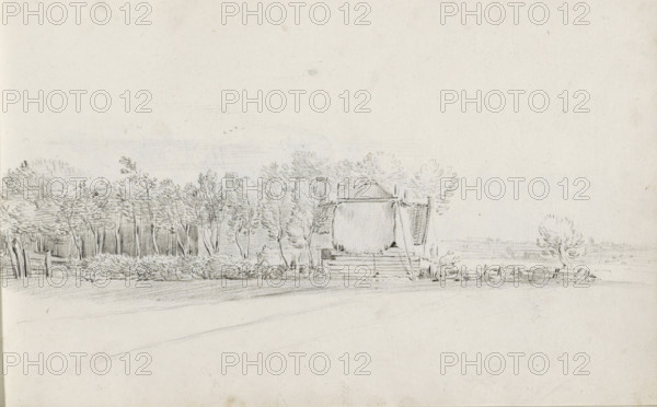 Landscape with a haystack near a farm, sketchbook page, Page 23 recto from a sketchbook with 39 pages., draftsman (artist): Pieter Moninckx, The Hague (possibly), 1645 - 1646, draftsman (artist), inorganic material, paper, chalk, black chalk, height 201 mm x width 315 mm, farm or solitary house in landscape, hay-stack, A pencil drawing showing a low horizon with a row of densely sketched trees and bushes stretching across the middle of the image, a simple wooden structure with a slanted roof and siding set among the trees, a small cart or wagon near the structure, a short fence and a solitary tree to the right, and an expanse of open, lightly shaded ground in the foreground.