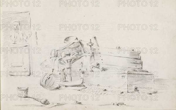 Courtyard with household goods and farmer's wife in a doorway, sketchbook page, Courtyard with a pile of household goods including various wooden barrels, wash tubs, and a broom next to and in a large bin. The undercarriage of a cart lies between the objects and a child stands. Page 25 recto from a sketchbook with 39 pages., draftsman (artist): Pieter Moninckx, 1645 - 1646, Pieter Moninckx, draftsman (artist), inorganic material, paper, chalk, black chalk, height 201 mm x width 315 mm, farmers - AA - female farmer, farmer's wife, furniture and household effects, (farm) wagon, freight wagon, cart, child (at home), A pencil sketch of a cluttered interior scene showing wooden barrels and tubs arranged near a low wooden wall, with a turned wooden stool or wheel-like structure among them and various rounded containers stacked or leaning, a small bucket positioned on the floor in the foreground beside a brush with a tapered handle, and to the left a window opening with a loosely drawn figure...