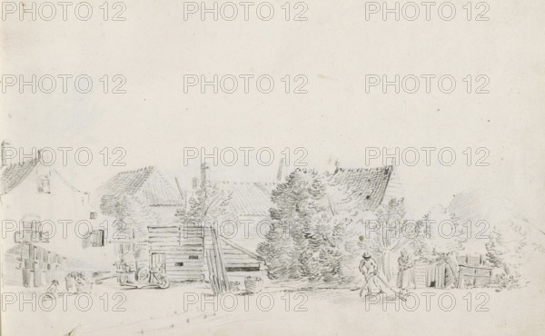 Farmyard with farmer sharpening a scythe, sketchbook page, Page 27 recto from a sketchbook with 39 pages., draftsman (artist): Pieter Moninckx, 1645 - 1646, draftsman (artist), inorganic material, paper, chalk, black chalk, height 201 mm x width 315 mm, Compare page 21 on which the same farm is depicted from a different perspective., farmers, farm (building), agricultural implements: scythe, A pencil sketch showing a rural scene with several tiled-roof houses partly obscured by trees and bushes, a wooden fence and gate, and a wooden structure with planks and a cartwheel visible; in the foreground two small children kneel near a low cart while a man stands holding a long pole and a woman stands nearby with a child in her arms; additional trees and shrubbery fill the middle ground and rooftops and chimneys rise behind them.