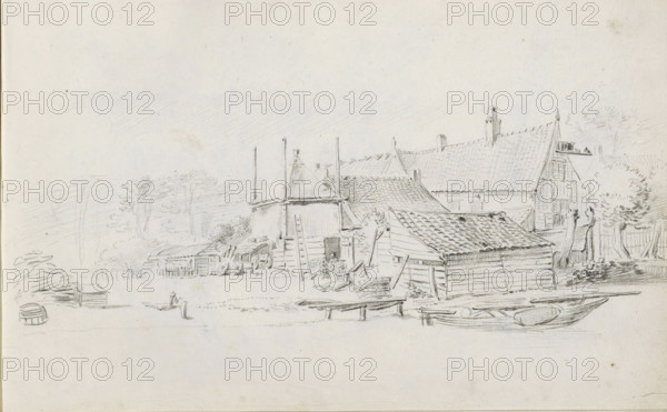 Farm and yard by a waterside, sketchbook page, Landscape with a farm and yard on which agricultural implements stand, such as a cart and wheelbarrow. In the foreground, a landing stage. Page 33 recto from a sketchbook with 39 pages., draftsman (artist): Pieter Moninckx, 1645 - 1646, draftsman (artist), inorganic material, paper, chalk, black chalk, height 201 mm x width 315 mm, farm or solitary house in landscape, water course, A pencil sketch of a rural scene showing several wooden buildings with tiled and thatched roofs, a tall central structure with scaffolding and a ladder leaning against it, and smaller sheds and outbuildings clustered nearby; wooden carts and barrels are positioned around the buildings, and a boat rests on the ground in the foreground; trees and faint foliage appear in the background, with light shading suggesting sky and ground.