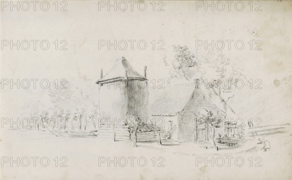 Farm with haystack, sketchbook page, Page 38 recto from a sketchbook with 39 pages., draftsman (artist): Pieter Moninckx, 1645 - 1646, draftsman (artist), inorganic material, paper, chalk, black chalk, height 201 mm x width 315 mm, farm or solitary house in landscape, hay-stack, A pencil sketch on aged paper showing a rural scene with a tall cylindrical structure topped by a conical roof and wooden beams, an adjacent gabled building with a tiled roof and a doorway, clusters of trees with textured foliage behind and beside the buildings, a low fence and hedgerow in front, a small boat or piled wood near the right foreground, and faint indications of a windmill shape and additional landscape marks in the distant left and right areas.
