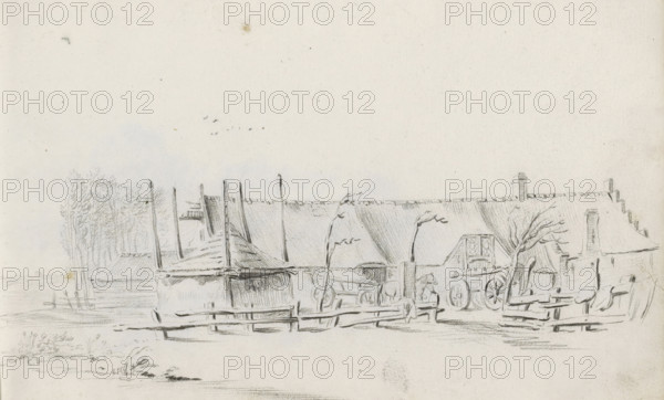 Farmyard with a haystack and two carts, sketchbook page, Page 7 recto from a sketchbook with 39 pages., draftsman (artist): Pieter Moninckx, 1645 - 1646, draftsman (artist), inorganic material, paper, chalk, black chalk, height 201 mm x width 315 mm, farm (building), hay-stack, (farm) wagon, freight wagon, cart, A pencil sketch of a rural scene showing a row of thatched roofs and chimneys behind a rough wooden fence, with slender bare trees and vertical poles rising near the buildings, a cart with large wheels partially visible beside a building, a small cluster of trees at one side, faint birds in the sky, and simple ground details in the foreground.