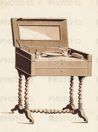 Design for a men's dressing table, drawing, album page, Men's dressing table on twisted legs with lid. On the inside, a marble top and built-in mirror. Depicted as a commode with two drawers. With lock. The page on the reverse is numbered: 10, the opposite page with information about the depicted furniture is numbered: 10 bis. Part of an album with 80 pages of drawings and a print of veneered and lacquered furniture, as well as seating., inscription: '46 Toilette d'homme pies à patin colonne torses gre porcelaine & cristeaux 2*, '' ''…'' 30*, '', la même palissandre en flan(?) sf sry', Paris (possibly), c. 1825 - c. 1839, draftsman (artist), Paris, materials by function, paper, ink, pencil, pen, brush, pen and brush in brown, written numbers in pencil, height 240 mm, width 310 mm, table, mirror, jug and basin, wash-basin, furniture for special use (wood and other phytogenic material), A wooden washstand with a raised lid revealing a mirror set into the underside, featuring a shallow ba...