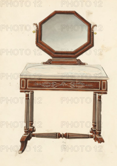 Design for a dressing table with octagonal mirror, drawing, album page, Dressing table with marble top and an 8-sided mirror in a frame and rosewood with metal(?) inlay. The page on the reverse is numbered: 14, the opposite page with information about the depicted furniture is numbered: 14 bis. Part of an album with 80 pages of drawings and a print of veneered and lacquered furniture, as well as seating., inscription: '2389 Toilette duchesse palissandre pied carreé sf patin', Paris (possibly), c. 1825 - c. 1839, draftsman (artist), paint (coating), materials by function, paper, ink, watercolor (paint), pencil, pen, brush, gray pen with colored brush, numbers written in pencil, cut out and pasted onto the album page, height 240 mm, width 310 mm, table, mirror, furniture for special use (wood and other phytogenic material), A drawing of a wooden dressing table with an octagonal framed mirror mounted on a carved rectangular base, the mirror frame showing wood grain and metal side fixtures...
