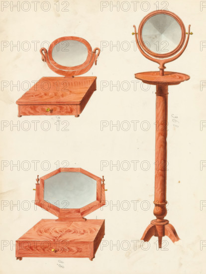 Design for a shaving mirror and two designs for toilet mirrors, drawing, album page, Shaving mirror and two designs for toilet mirrors (toilet swan neck mirror). The page on the back numbered: 20, the opposite page with information about the depicted furniture numbered: 20 bis. Part of an album with 80 pages of drawings and a print of veneered and lacquered furniture, as well as seating furniture., inscription: '368 Miroirs à Barbe acajou, 367 Toilette à col de cygne en acajou 10=8, ''…'' 12=10, 88Toilette de Campagne octogone 10-8, ''…'' 12-10 sf, ', Paris (possibly), c. 1825 - c. 1839, draftsman (artist), paint (coating), materials by function, paper, ink, watercolor (paint), pencil, pen, brush, gray pen with colored brush, numbers written in pencil, partially cut out and pasted onto the album page, height 240 mm, width 310 mm, mirror, shaving, being shaved, table (wood and other phytogenic material), A pale background with light smudges contains detailed watercolor drawings of woode...
