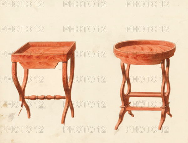 Two designs for knitting tables, drawing, album page, Two designs for knitting tables (tricoteuse) in mahogany. The page on the reverse is numbered: 23, the opposite page with information about the depicted furniture is numbered: 23 bis. Part of an album with 80 pages of drawings and a print of veneered and lacquered furniture, as well as seating., inscription: '400 Tricoteuse Carrée acajou pied à X, 1220 Tricoteuse ovale pied en 8.', Paris (possibly), c. 1825 - c. 1839, draftsman (artist), paint (coating), materials by function, paper, ink, watercolor (paint), pencil, pen, brush, gray pen with colored brush, numbers written in pencil, cut out and pasted onto the album page, height 240 mm, width 310 mm, (other forms of) needlework, e.g. crocheting, knitting, embroidering, table (wood and other phytogenic material), Two wooden side tables are depicted against a pale background, both rendered in warm reddish-brown tones with visible wood grain. The table on the left has a rectangular rec...