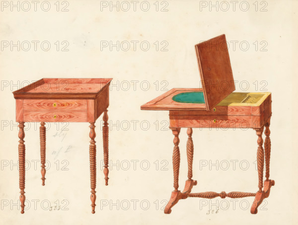 Design for a knitting table and a game table, drawing, album page, A knitting table and a game table in mahogany. The reverse side is numbered: 25, the opposite page with information about the depicted furniture is numbered: 25 bis. Part of an album with 80 pages of drawings and a print of veneered and lacquered furniture, as well as seating., inscription: '325 Tricoteuse a auge 2 tiroir pieds monstant fausse corde, 326', Paris (possibly), c. 1825 - c. 1839, draftsman (artist), paint (coating), materials by function, paper, ink, watercolor (paint), pencil, pen, brush, pen in gray with brush in colors, numbers written in pencil, height 240 mm, width 310 mm, (other forms of) needlework, eg: crocheting, knitting, embroidering, card games, board games, table (wood and other phytogenic material), Two wooden tables are shown side by side on a light background, each with turned spiral legs and a reddish wood grain finish; the left table has a shallow rectangular top with raised edges and a pa...