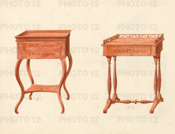 Design for a chest of drawers and a knitting table, drawing, album page, Designs for a chest of drawers (chiffonnier) and a design for a knitting table. The reverse page numbered: 26, the opposite page with information about the depicted furniture numbered: 26 bis. Part of an album with 80 pages of drawings and a print of veneered and lacquered furniture, as well as seating., inscription: '51 Chiffonier à Auge en acajou, 52 Tricoteuse à galleries pies torsade à patin', Paris (possibly), c. 1825 - c. 1839, draftsman (artist), paint (coating), materials by function, paper, ink, watercolor (paint), pencil, pen, brush, pen in gray with brush in colors, numbers written in pencil, height 240 mm, width 310 mm, (other forms of) needlework, eg: crocheting, knitting, embroidering, table (wood and other phytogenic material), cupboard (wood and other phytogenic material material), Two wooden tables are depicted on a pale background, each rendered in warm reddish-brown tones with visible wood grain...