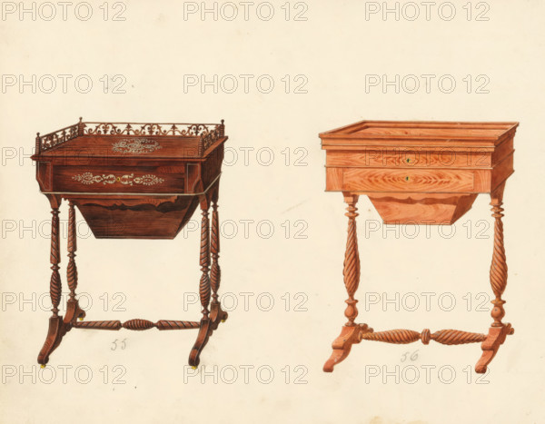 Two designs for knitting tables, drawing, album page, one with an openwork design and executed in rosewood and inlaid. The other is executed in mahogany and has two drawers. The page on the back is numbered: 28, the opposite page with information about the depicted furniture is numbered: 28 bis. Part of an album with 80 sheets with drawings and a print of veneered and lacquered furniture, as well as seating furniture., inscription: '55 Tricoteuse carrée à galleries aux sac pies à pates palissanre, ''…'' acajou, 56 Tricoteuse carrée grand cadre pied torsade aux caisson serelitant(?), ''…'' caisson, la même dessein, creusé', Paris (possibly), c. 1825 - c. 1839, draftsman (artist), paint (coating), materials by function, paper, ink, watercolor (paint), pencil, pen, brush, pen in gray with brush in colors, numbers written in pencil, height 240 mm, width 310 mm, (other forms of) needlework, eg: crocheting, knitting, embroidering, table (wood and other phytogenic material), Two wooden pedest...