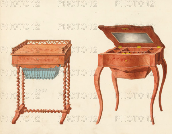 Two designs for dressing tables, drawing, album page, one with an openwork mahogany base and on twisted legs. The other model is in Louis XV style with a mirror in the top. The back of the page is numbered: 29, the opposite page with information about the depicted furniture is numbered: 29 bis. Part of an album with 80 pages of drawings and a print of veneered and lacquered furniture, as well as seating., inscription: '3431 Toilette à galleries aux sac pies tors à patin, 396 Toilette Louis 14 aux caisson seretitant(?), ''…'' sans caisson', Paris (possibly), c. 1825 - c. 1839, draftsman (artist), paint (coating), materials by function, paper, ink, watercolor (paint), pencil, pen, brush, gray pen with colored brush, numbers written in pencil, partially cut out and pasted onto the album page, height 240 mm, width 310 mm, mirror, table (wood and other phytogenic material), Two wooden side tables are shown on a light background. The left table has a rectangular top with a low decorative gal...