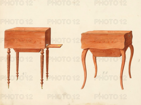 Two designs for nightstands, drawing, album page, Two designs for a nightstand (Vide poche model). One on twisted legs, the other in Louis XV style. The reverse page numbered: 31, the opposite page with information about the depicted furniture numbered: 31 bis. Part of an album with 80 pages of drawings and a print of veneered and lacquered furniture, as well as seating., inscription: '57 Vuidepoche table de nuis pies à cordes, ''…'' torsades, 58 Vuidepoche Louis XV', Paris (possibly), c. 1825 - c. 1839, draftsman (artist), paint (coating), materials by function, paper, ink, watercolor (paint), pencil, pen, brush, pen in gray with brush in colors, written numbers in pencil, height 240 mm, width 310 mm, table (wood and other phytogenic material), Two wooden tables are shown against a plain light background, both rendered in a warm reddish-brown wood tone with visible grain. The table on the left has a rectangular top and a box-like apron, with turned spiral legs ending in small metal ca...