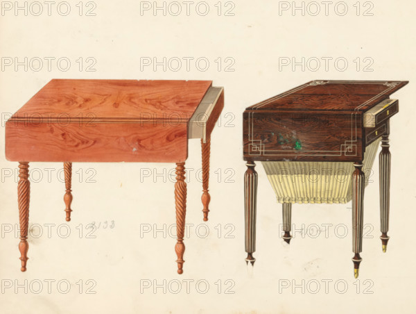 Two designs for panel tables, drawing, album page, one of mahogany on twisted legs and one of rosewood, inlaid on fluted legs. The reverse side of the panel is numbered: 33, the opposite panel with information about the depicted furniture is numbered: 33 bis. Part of an album with 80 pages of drawings and a print of veneered and lacquered furniture, as well as seating., inscription: '2133 Panel table in mahogany with twisted leg 24 27 30 33, ''…'' twisted leg, ''…'' baguette leg, 2134 Vuidepoche in rosewood with canned legs, dito in mahogany', Paris (possibly), c. 1825 - c. 1839, draftsman (artist), paint (coating), materials by function, paper, ink, watercolor (paint), pencil, pen, brush, pen in gray with brush in colors, numbers written in pencil, partly cut out and pasted onto the album page, height 240 mm, width 310 mm, table (wood and other phytogenic material), The image shows two wooden tables on a pale background. The table on the left has a reddish wood top with visible grain ...