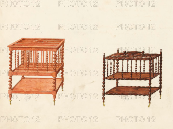 Two designs for music racks, drawing, album page, Two designs for racks for music sheets, one in mahogany with twisted rails and uprights and one in rosewood with two shelves, levels. The sheet on the back numbered: 34, the opposite sheet with information about the depicted furniture numbered: 34 bis. Part of an album with 80 pages with drawings and a print of veneered and lacquered furniture, as well as seating furniture., inscription: '59 Caziers à Musique à Gorge à tors, ''…'' feaux tors, ''…'' la même pies tors & balustres feaux tors, ''…'' la même sans gorges, 60 Cazier de Musique Tourné palissanre, ''…'' acajou, Cazier de Musique à croizillon', Paris (possibly), c. 1825 - c. 1839, draftsman (artist), paint (coating), materials by function, paper, ink, watercolor (paint), pencil, pen, brush, pen in gray with brush in colors, numbers written in pencil, height 240 mm, width 310 mm, notation of music, furniture for special use (wood and other phytogenic material), Two wooden side tab...
