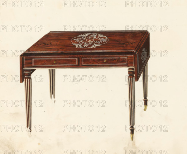 Design for a panel table, drawing, album page, Design for a panel table in inlaid rosewood with two drawers and on rollers. The reverse side is numbered: 42, the opposite page with information about the depicted furniture is numbered: 42 bis. Part of an album with 80 pages of drawings and a print of veneered and lacquered furniture, as well as seating., inscription: '2390 Table canapé en palisandre 3 3½ 4 p**, la même, acajou', Paris (possibly), c. 1825 - c. 1839, draftsman (artist), paint (coating), materials by function, paper, ink, watercolor (paint), pencil, pen, brush, gray pen with colored brush, numbers written in pencil, cut out and pasted onto the album page, height 240 mm, width 310 mm, table (wood and other phytogenic material), A wooden table with a rectangular top and drop-leaf sides is shown against a plain background, the top finished in a dark wood grain with a light ornamental motif centered on it, the front apron featuring two recessed drawer panels each with a small ...