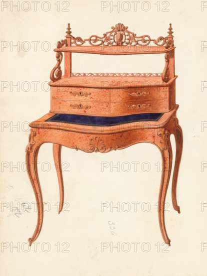 Design for a ladies' desk, drawing, album page, Design for a ladies' desk in mahogany (Louis XV style). Also possible in rosewood. The reverse side is numbered: 43, the opposite page with information about the depicted furniture is numbered: 43 bis. Part of an album with 80 pages of drawings and a print of veneered and lacquered furniture, as well as seating., inscription: '336 Bureau de dame en acajou Louis 15', Paris (possibly), c. 1825 - c. 1839, draftsman (artist), paint (coating), materials by function, paper, ink, watercolor (paint), pencil, pen, brush, pen in gray with brush in colors, numbers written in pencil, height 240 mm, width 310 mm, writing-table, writing-desk, table (wood and other phytogenic material), A wooden table with curved cabriole legs and ornate carved details, topped by a raised shelf with scrollwork and finials, a lower surface inset with a dark rectangular panel, and a small drawer section between the surfaces with decorative handles, all shown against a pla...